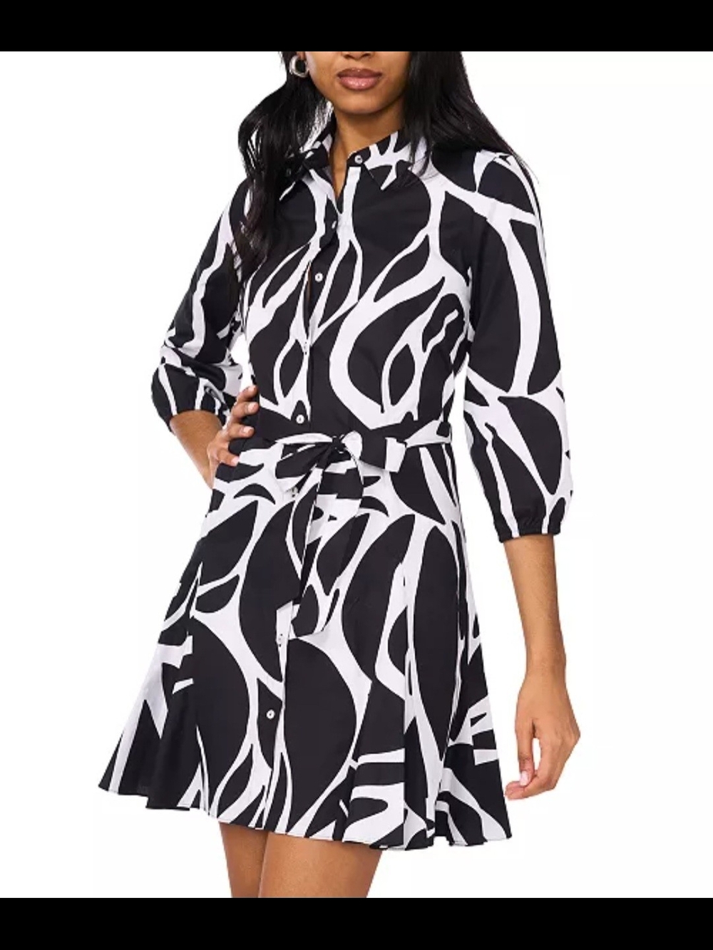 MSK Black and White Abstract Tie-Waist Shirt Dress